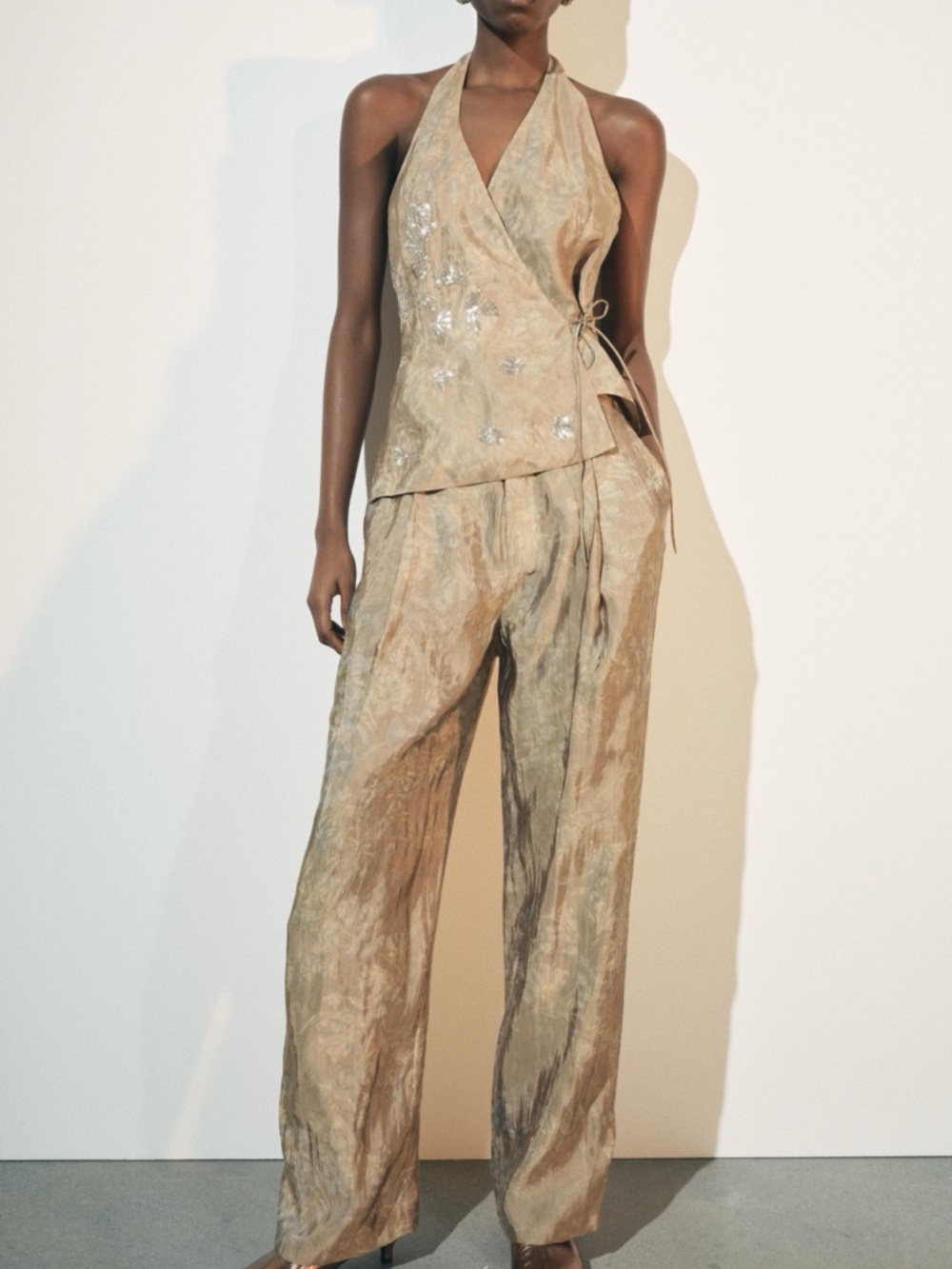 Zara Jaquard Pants ZW Collection Golden S 4786/296